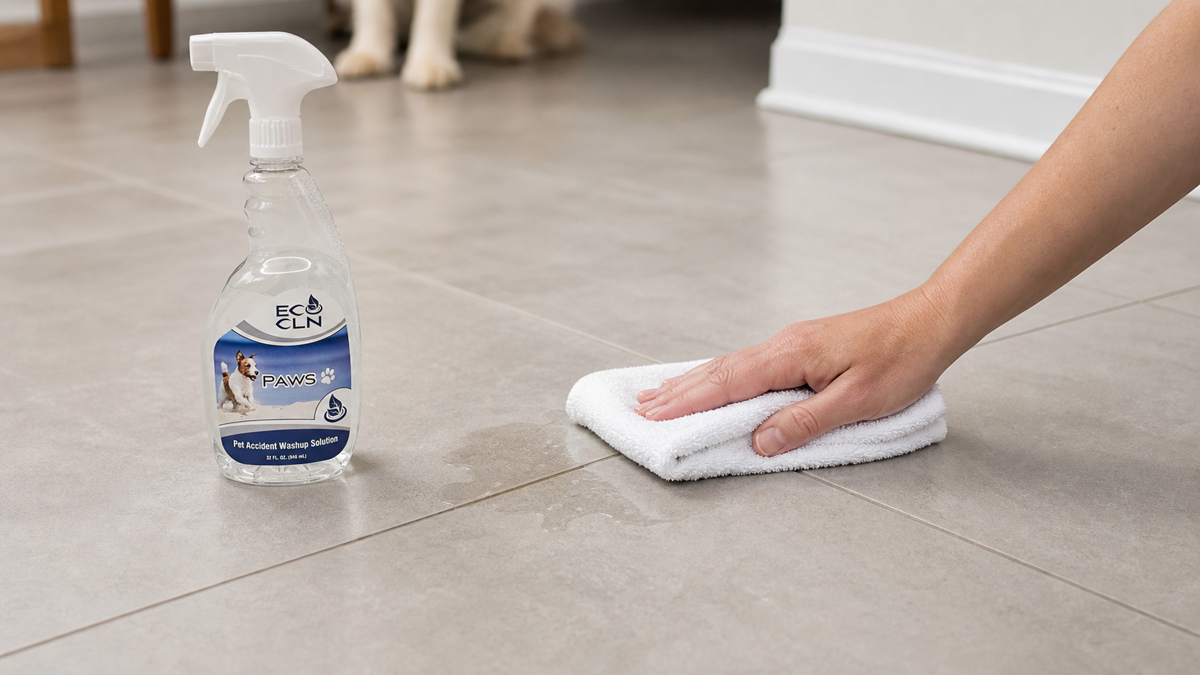 Blotting a pet urine accident from tile and grout with PAWS nearby.