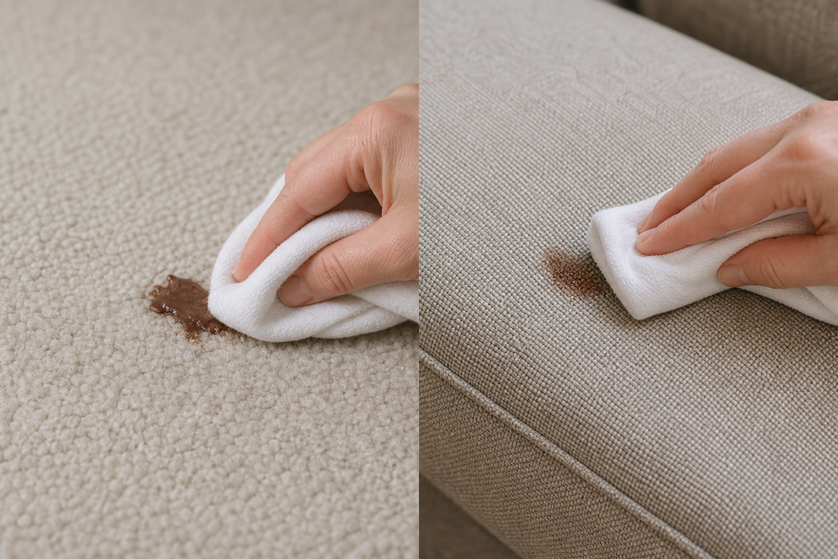 Controlled chocolate-stain blotting on carpet compared with upholstery fabric.