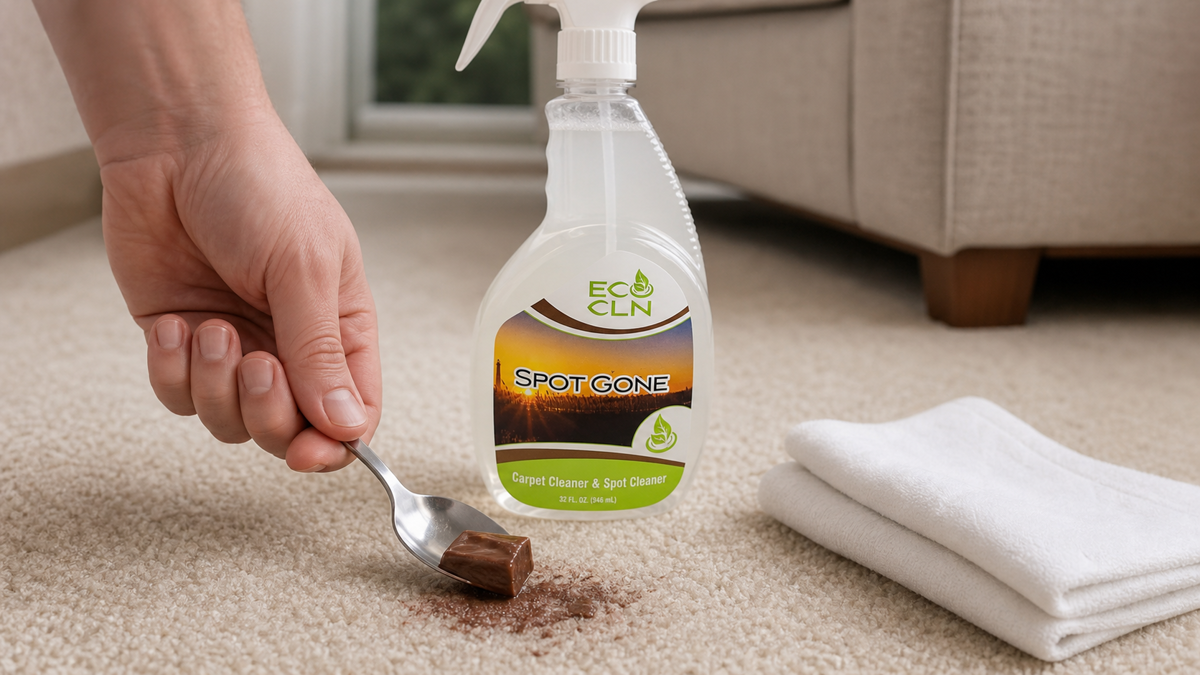 Lifting chocolate from carpet before spot cleaning with Spot Gone nearby.