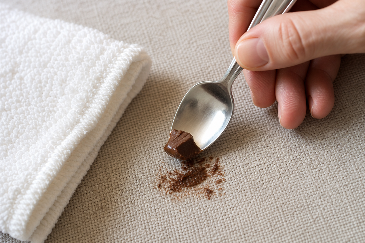 Lifting solid chocolate from upholstery fabric before blotting the remaining stain.