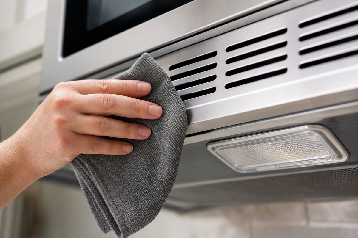 Using a cloth-first method around microwave vents and the cooktop light housing.
