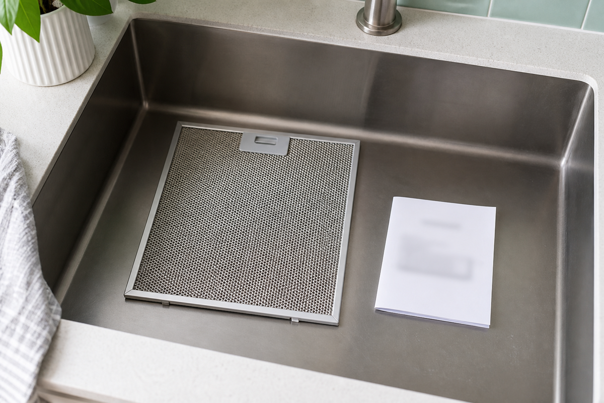 Removed microwave grease filter ready for separate manufacturer-approved cleaning.
