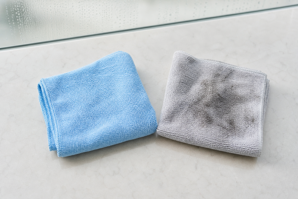 Fresh microfiber cloth beside a residue-loaded cloth that can make glass look hazy.