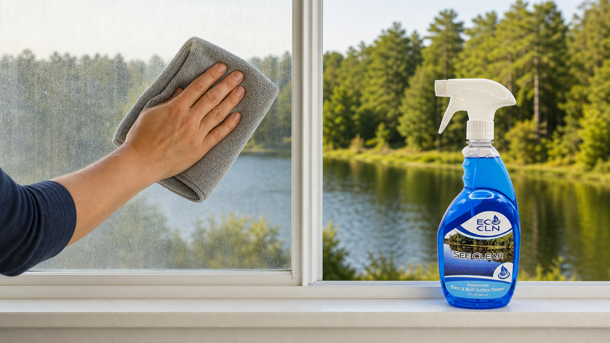 Buffing haze from glass with a clean microfiber cloth and See-Clear nearby.