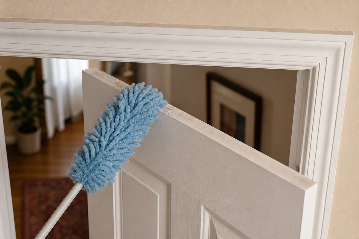 Dusting the top edge of a painted door and frame before wet cleaning.