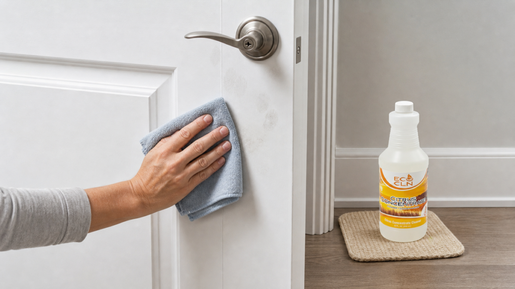 Gently cleaning fingerprints from a painted door and trim with Citrus Concentrate nearby.