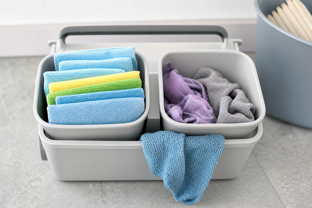 Separate containers for clean and used cloths during a whole-house cleaning day.