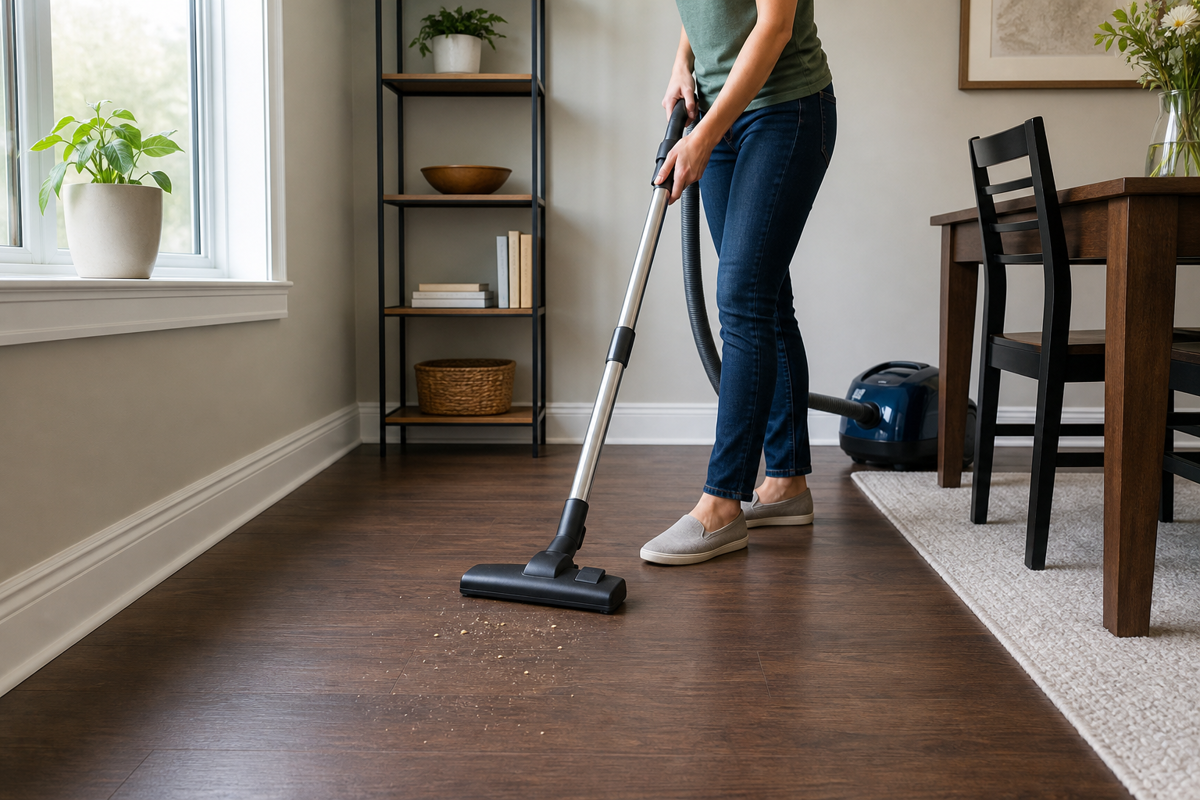 Vacuuming floors after higher room surfaces have already been cleaned.