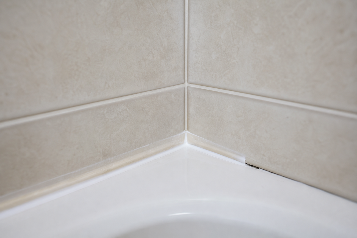 Inspecting tile, grout, caulk, and sealer condition before bathroom cleaning.