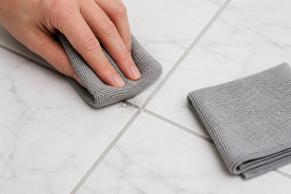 Removing dirty solution and drying a cleaned section of bathroom grout.