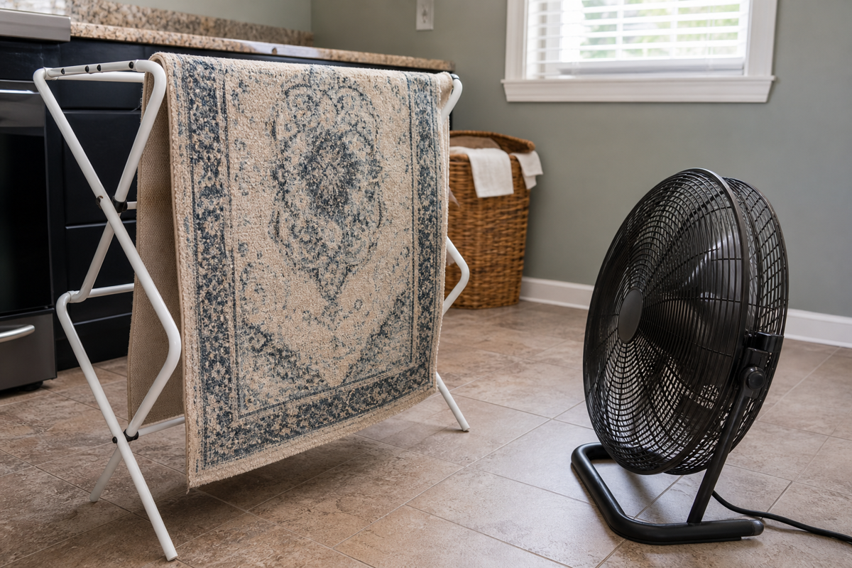 Drying both sides of a treated area rug with safe room-temperature airflow.