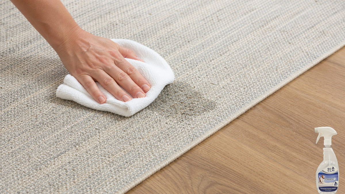 Blotting a pet accident from an area rug with PAWS nearby.