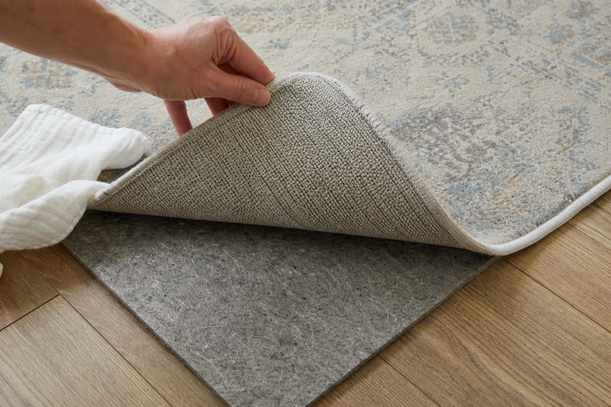 Checking the backing, pad, and floor underneath an area-rug pet accident.