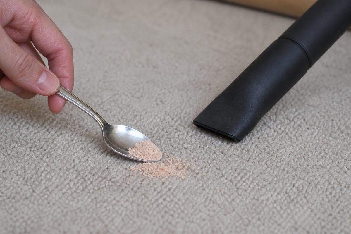 Lifting loose makeup powder from carpet before applying any liquid cleaner.