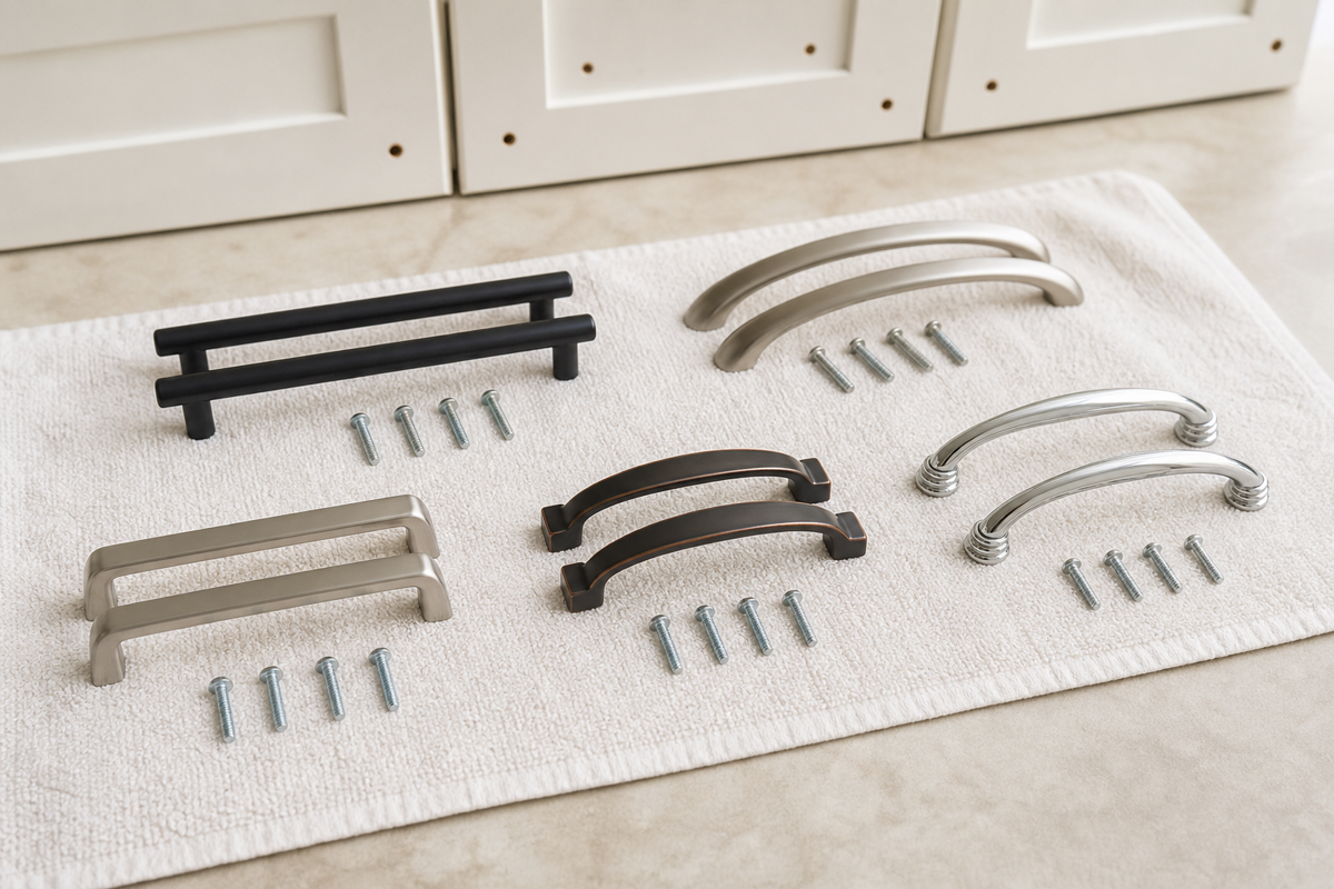 Clean removable cabinet pulls and screws organized on a dry towel before reinstalling.