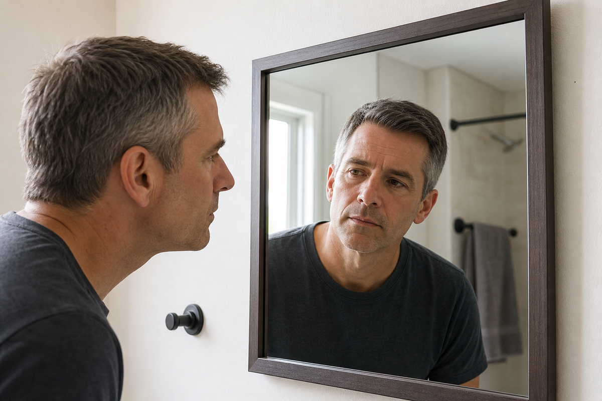 Inspecting a dry bathroom mirror from an angle for remaining surface spots or edge damage.