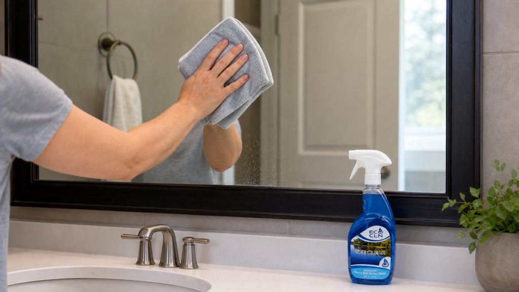 Buffing light water spots from a bathroom mirror with See-Clear nearby.