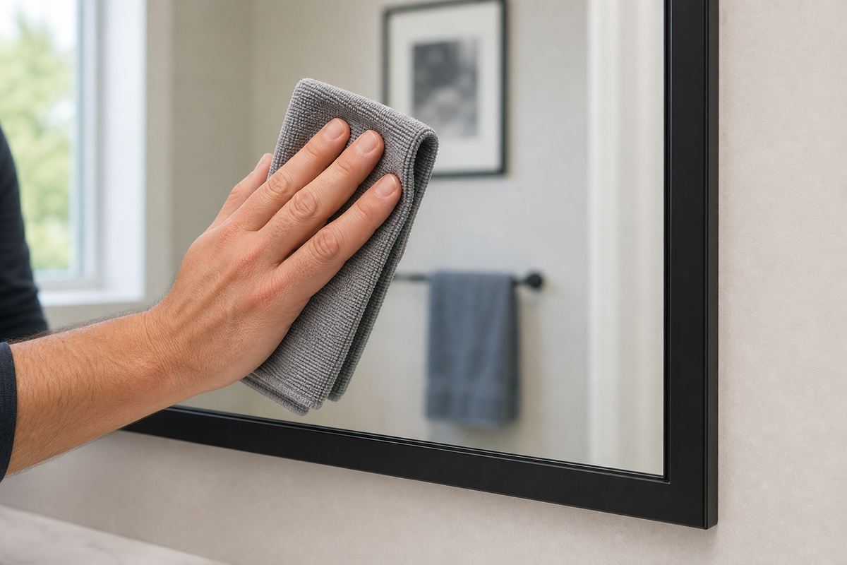 Using a cloth-first method while keeping bathroom mirror edges dry.