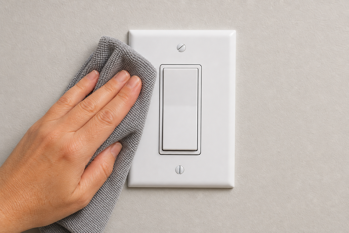 Dry-dusting a light-switch wallplate and its surrounding painted perimeter.