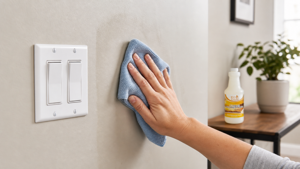 Cleaning fingerprints from the washable wall around a light switch with Citrus nearby.