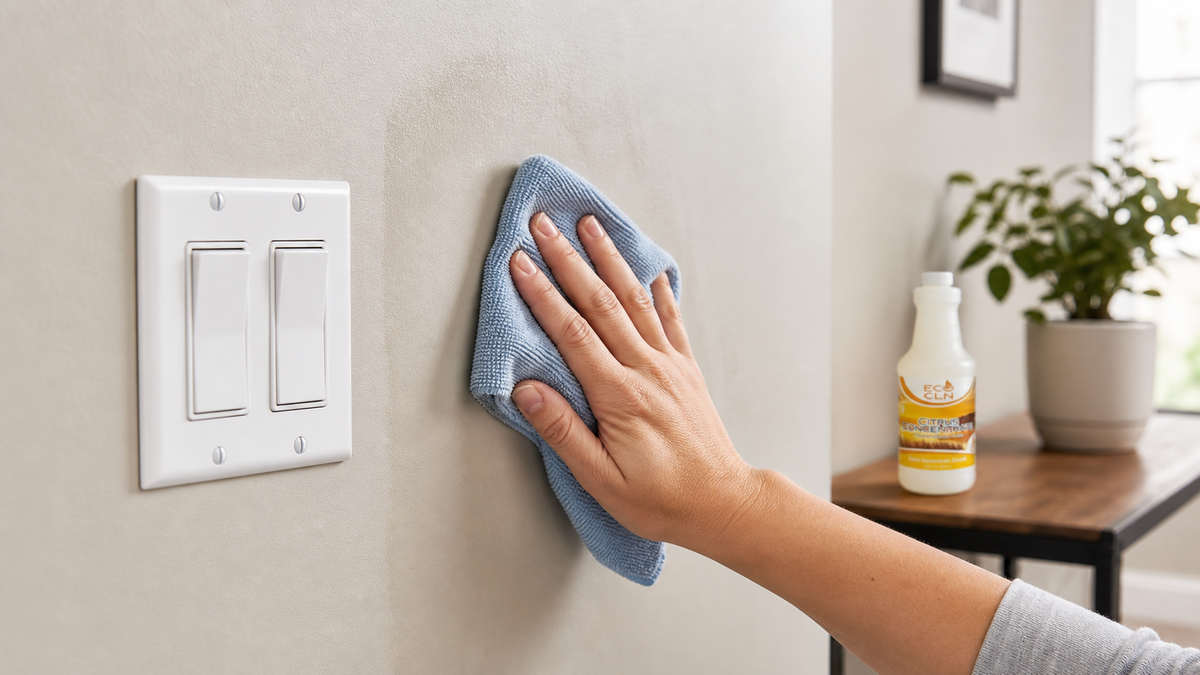 Cleaning fingerprints from the washable wall around a light switch with Citrus nearby.