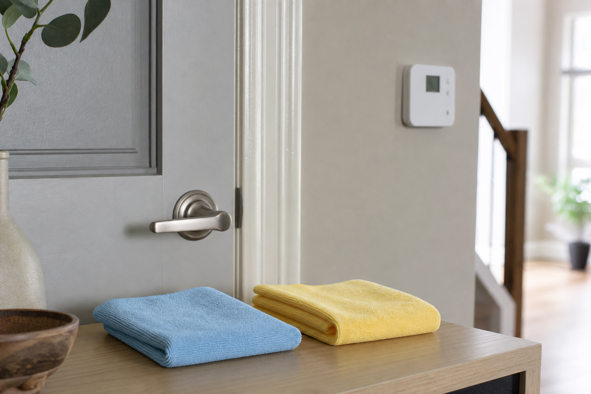 Separate microfiber cloths prepared for different high-touch surfaces and materials.
