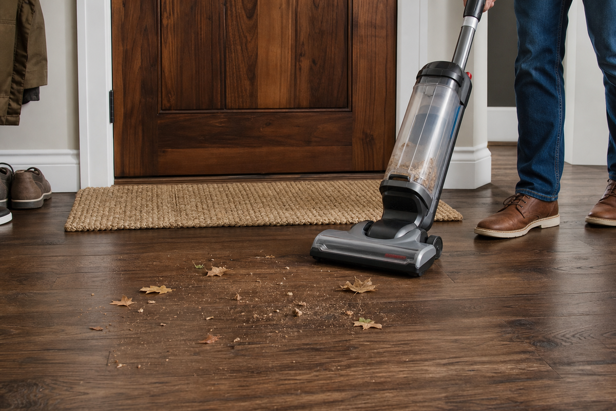 Vacuuming an entryway floor last after higher fall-cleaning tasks are complete.