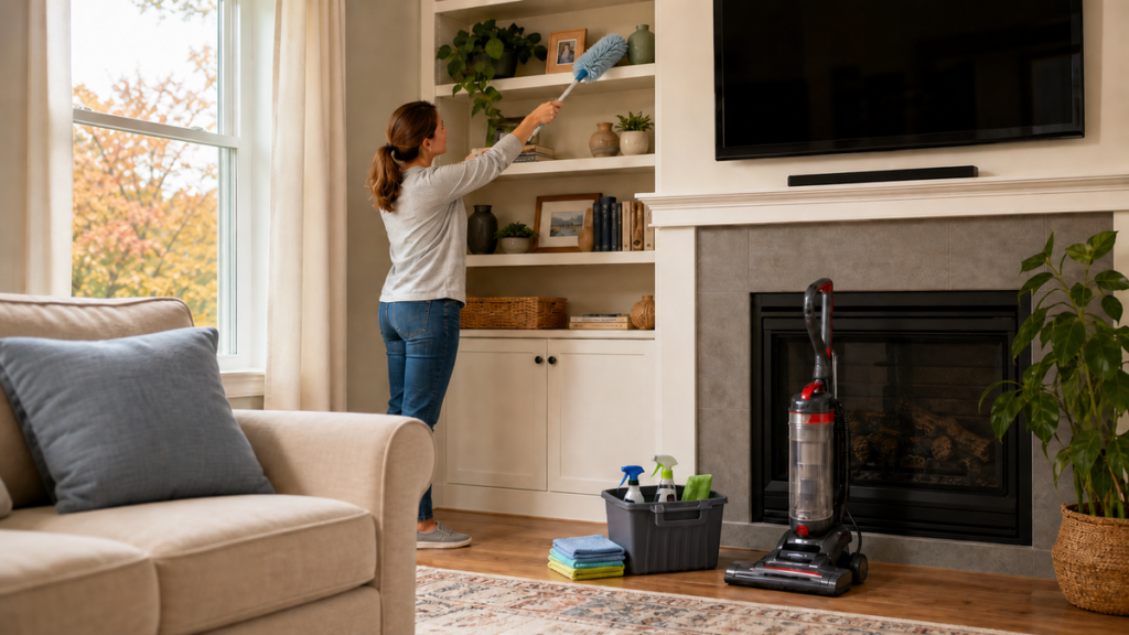 Organized fall cleaning that starts with high dry surfaces before the floors.