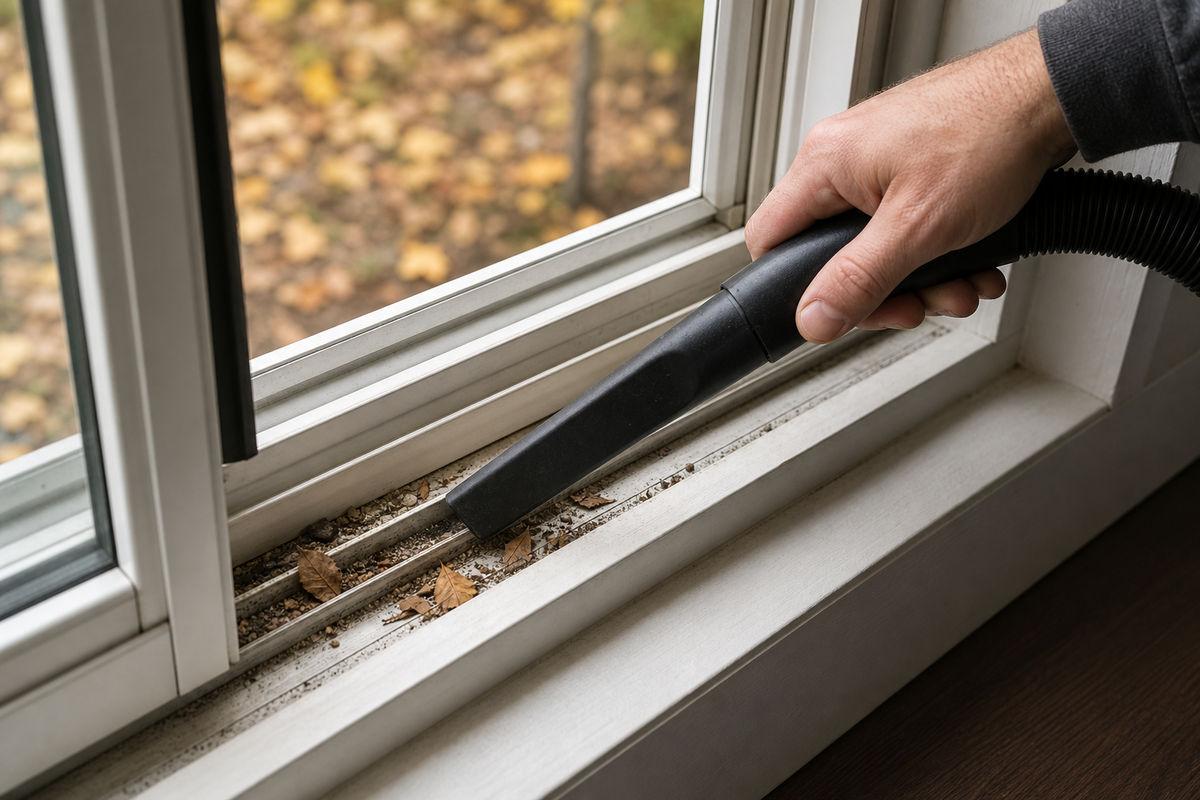 Vacuuming dry debris from a window track during fall cleaning.