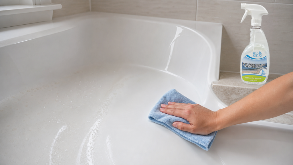 Gently cleaning an acrylic bathtub with a soft cloth and Powerhouse Bathroom nearby.