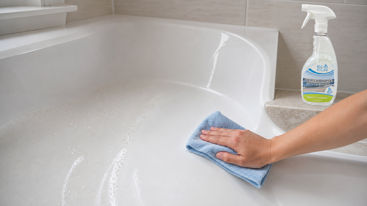 Gently cleaning an acrylic bathtub with a soft cloth and Powerhouse Bathroom nearby.