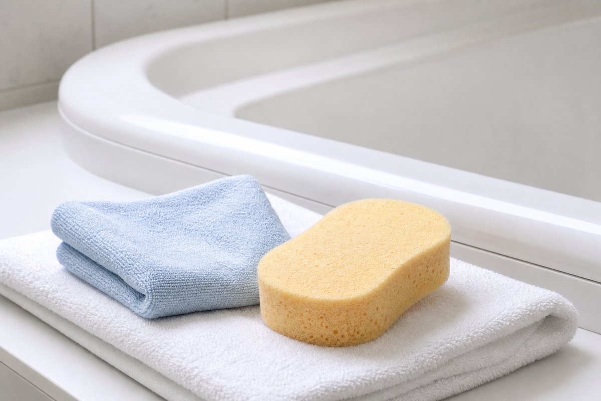 Soft microfiber and a non-scratch sponge ready for acrylic bathtub cleaning.