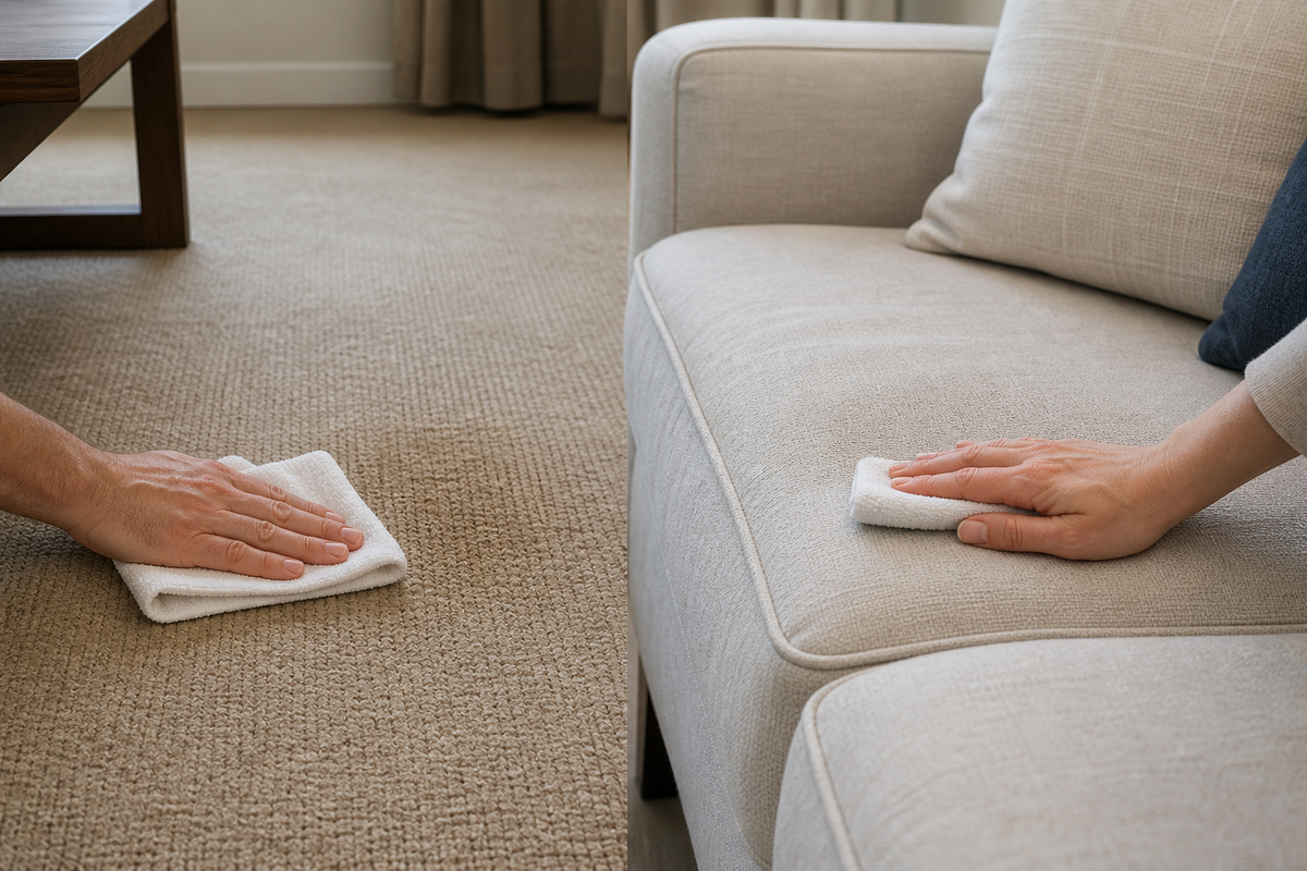 Controlled pet-mess cleaning on carpet compared with upholstery.