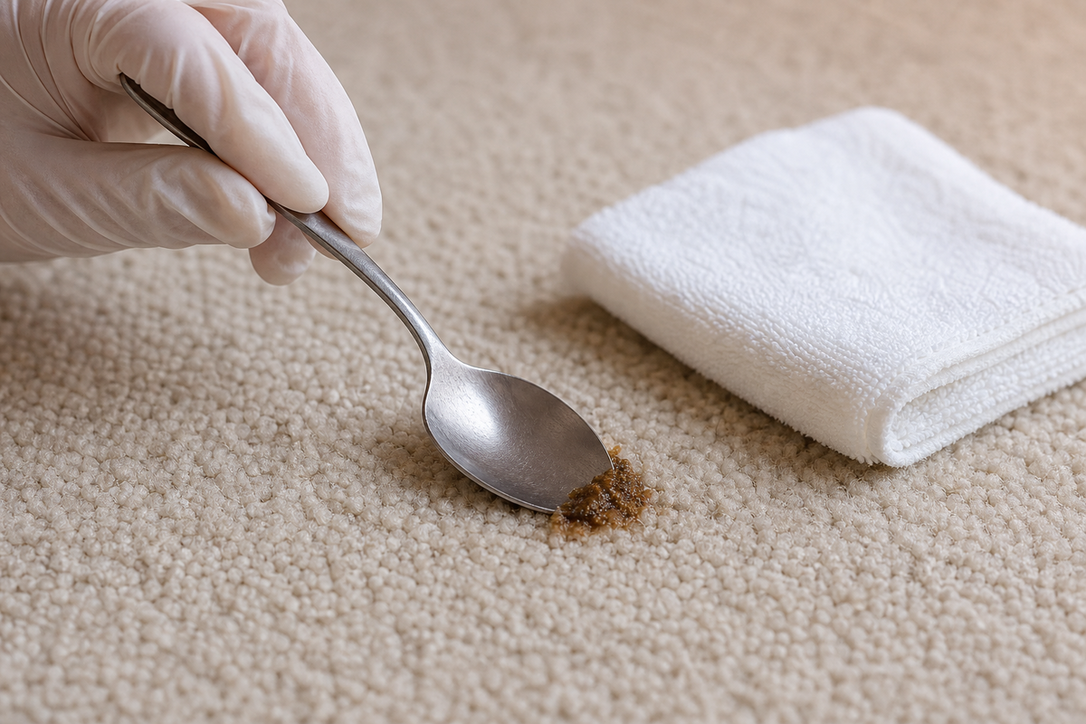 Removing solid pet mess from carpet before spot cleaning.