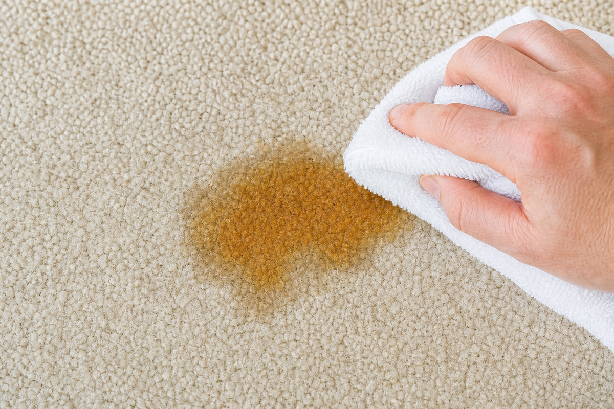 Blotting a drink spill from the outside edge toward the center.