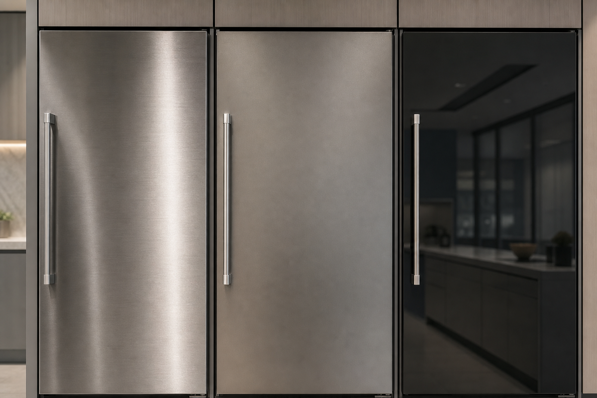 Different refrigerator exterior finishes that may require different cleaning methods.