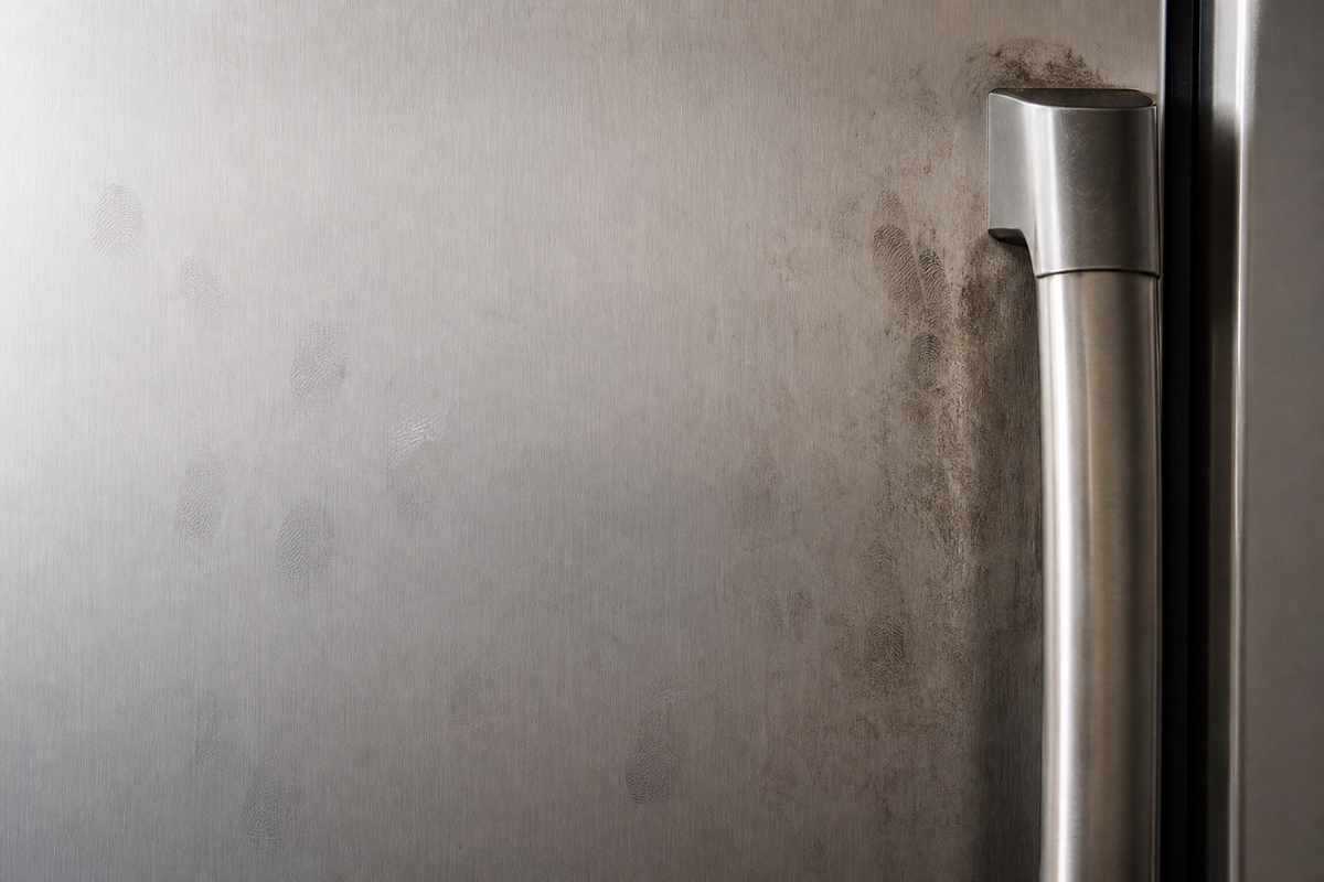 Greasy refrigerator-handle residue beside light fingerprints on the door.