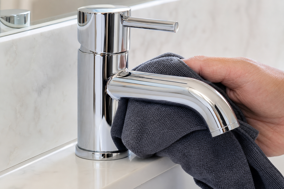 Drying a chrome faucet after cleaning to reduce spots and streaks.