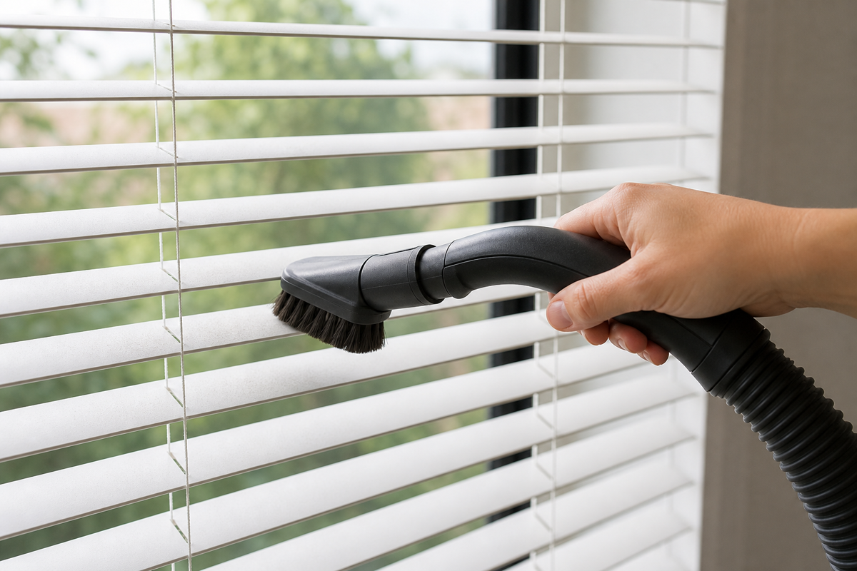 Vacuuming dry dust from blinds before using a damp cloth.
