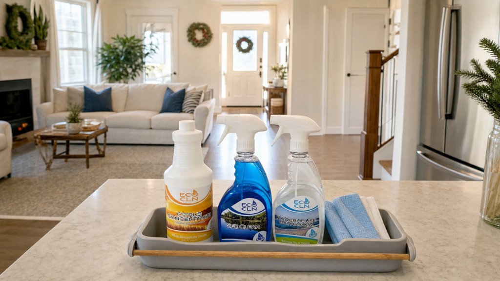 Pre-holiday cleaning supplies ready in a clean guest-facing home.