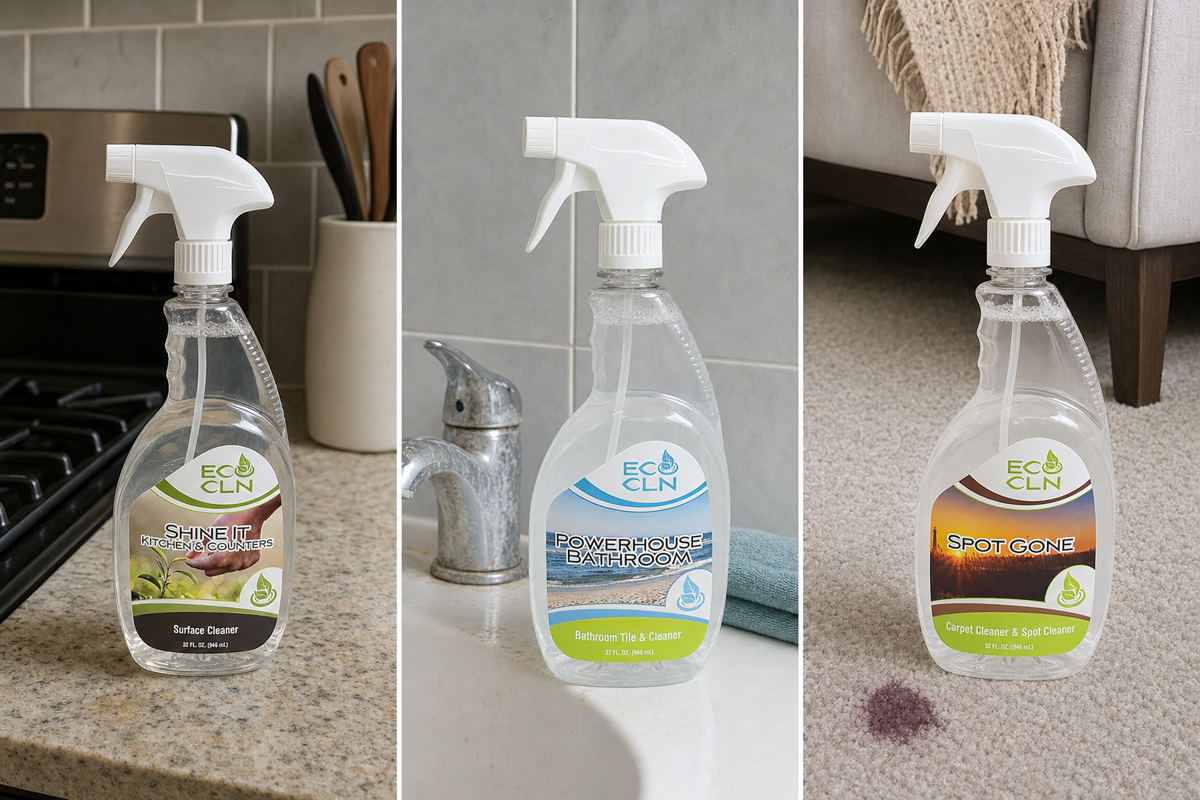 Eco Cln products matched to kitchen, bathroom, and carpet cleaning problems.
