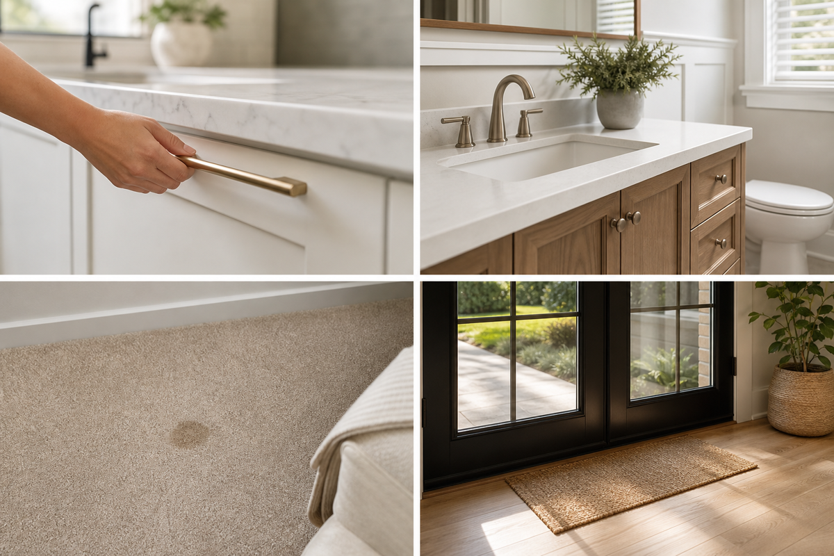 High-priority kitchen, bathroom, carpet, and entry areas to clean before guests arrive.