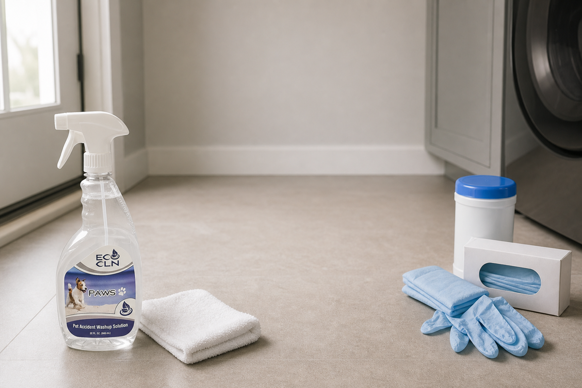 Pet-stain cleaning tools kept separate from special sanitation supplies.
