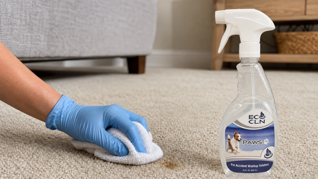Blotting a residual pet-accident carpet stain with gloves and PAWS nearby.