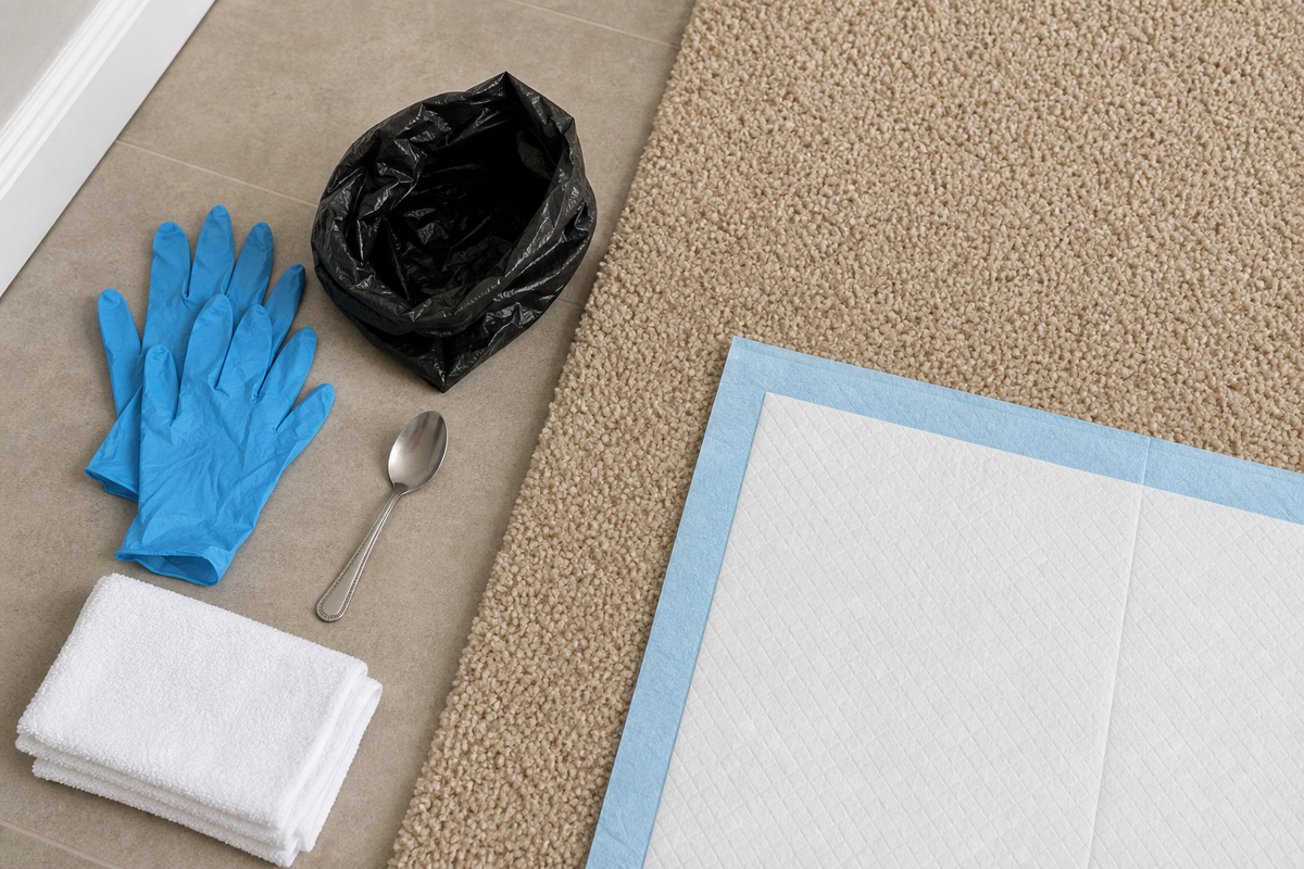 Pet-waste cleanup tools prepared for removal before carpet spot cleaning.