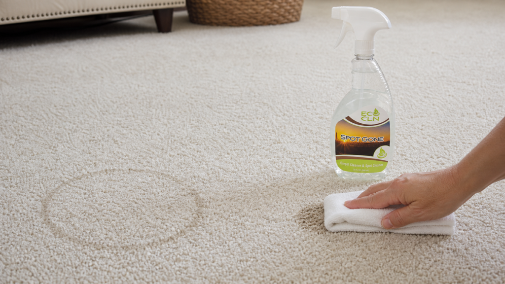 Spot cleaning light-colored carpet with Spot Gone and a white towel to avoid a visible ring.