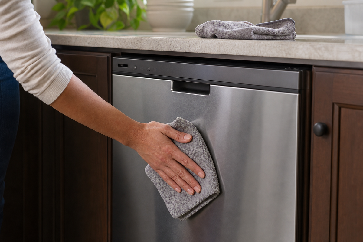 Using cleaner on a cloth while keeping dishwasher controls and seams dry.