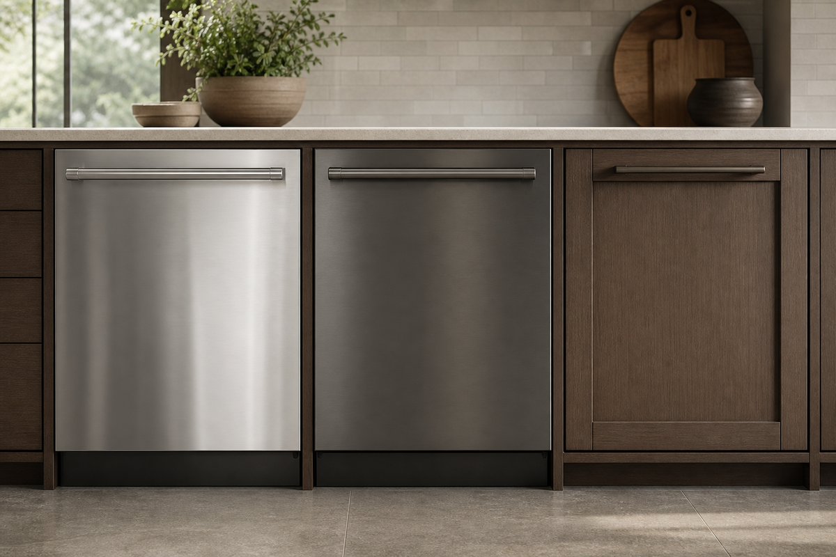 Different dishwasher exterior finishes that may require different cleaning methods.