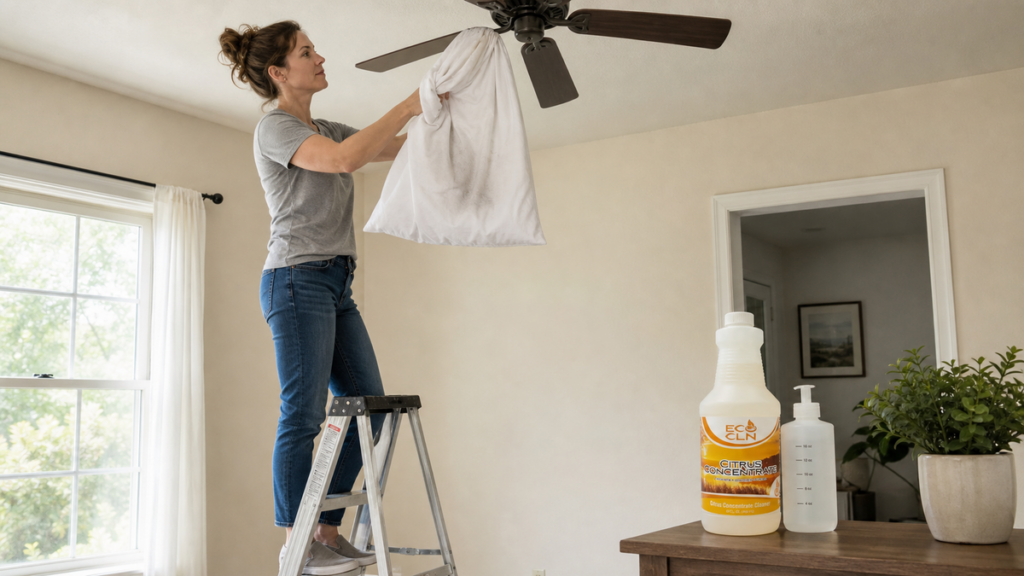 Using a pillowcase to capture dust from a stationary ceiling fan blade before light cleaning.