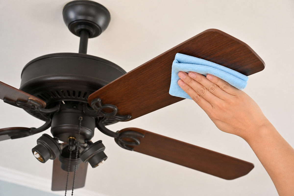 Cleaning a ceiling fan blade while keeping moisture away from the motor housing.